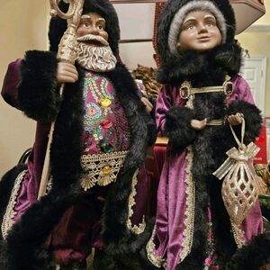 🎄Black Santa & Mrs. Claus Figurines – 18in Jewel-Tone Purple Velvet Holiday New